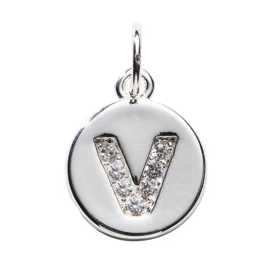 Toppsäljare - Bokstavshänge cirkel strass V – Ø12 mm, mässing pläterat med 925 sterling silver