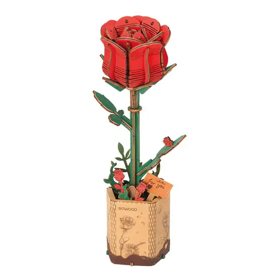 Begränsat lager | Rolife DIY Wooden Flower 3D-pussel träblomma TW042 Red Rose 85×65×210 mm