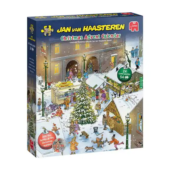 Kanonpris - Jan Van Haasteren 2026 års adventskalender 24 julpussel à 54 bitar i storlek 16,6×11,3 cm
